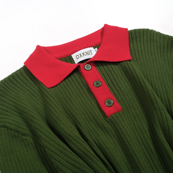 Men's green vertical pit bar vintage knitted polo shirt