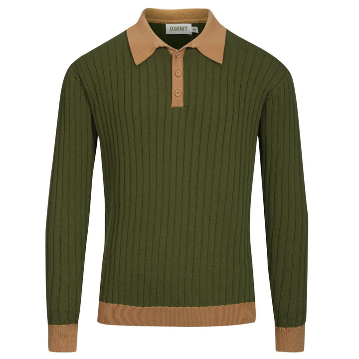 Men's green vintage pothole knit V-neck polo shirt