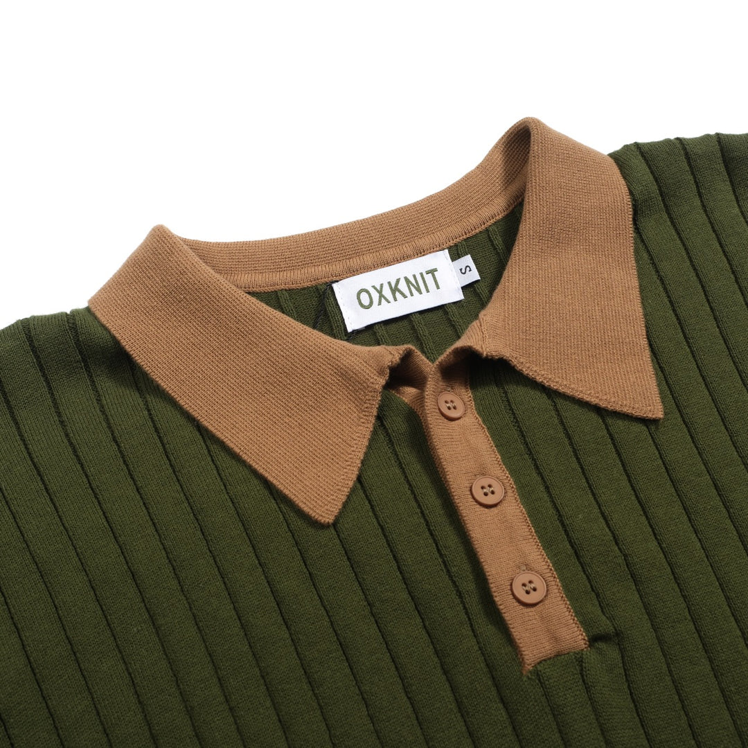 Men's green vintage pothole knit V-neck polo shirt