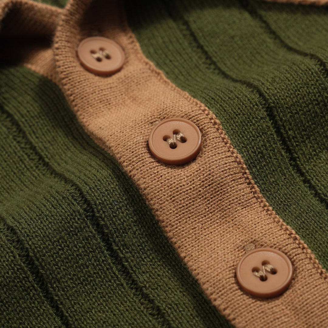 Men's green vintage pothole knit V-neck polo shirt