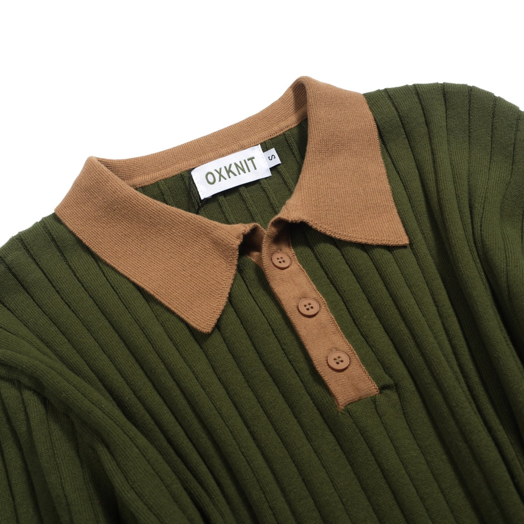 Men's green vintage pothole knit V-neck polo shirt