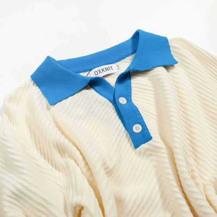 Polo de hombre de punto blanco textura albaricoque con cuello de pico