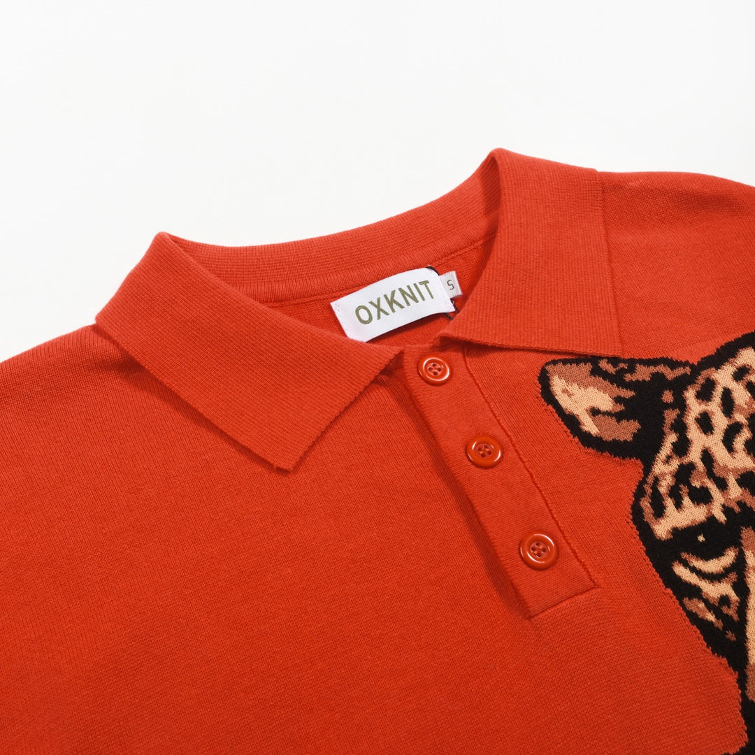 Polo de hombre de punto a rayas de leopardo rojo