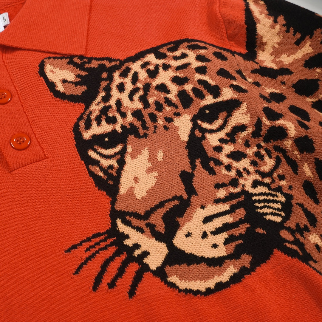 Polo de hombre de punto a rayas de leopardo rojo