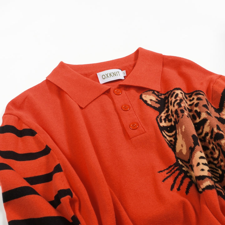 Polo de hombre de punto a rayas de leopardo rojo