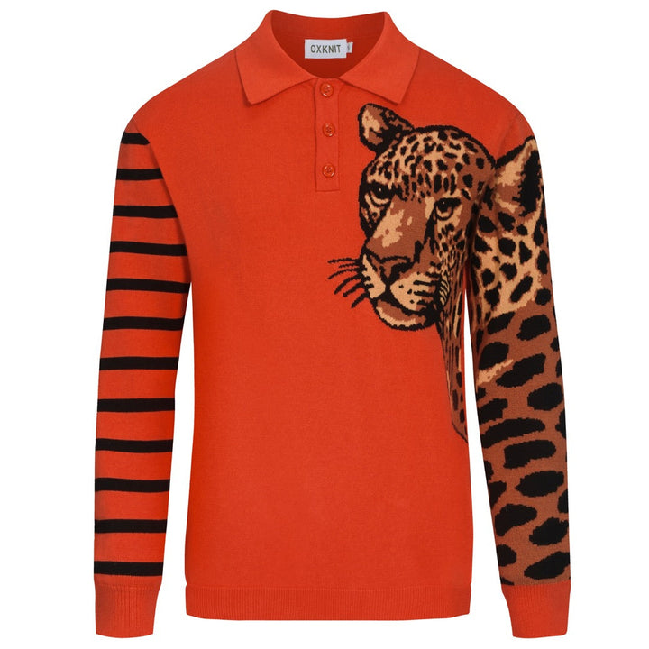 Polo de hombre de punto a rayas de leopardo rojo