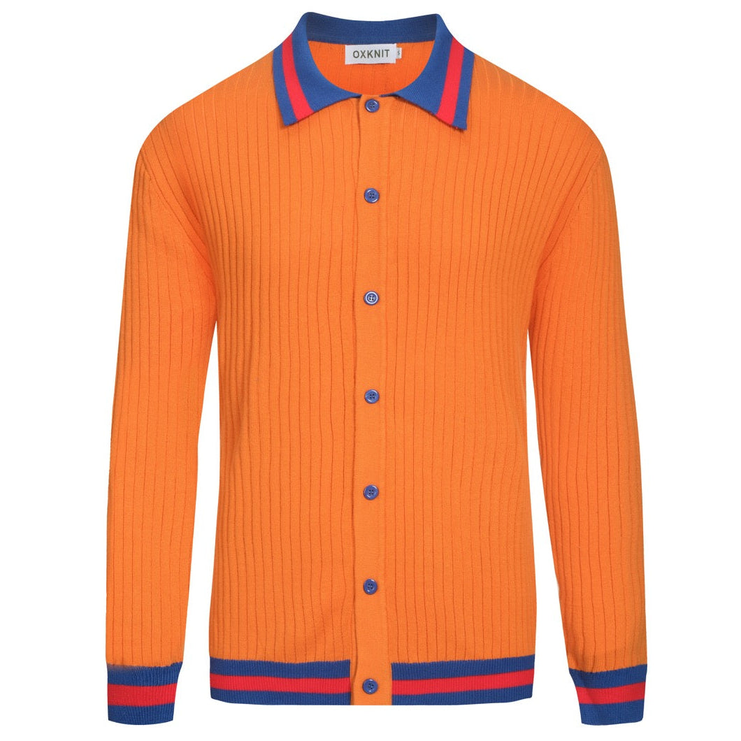 Cárdigan de punto retro con textura de hueso naranja para hombre