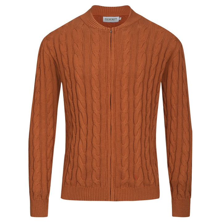 Brun, twiststickad kofta med dragkedja för män