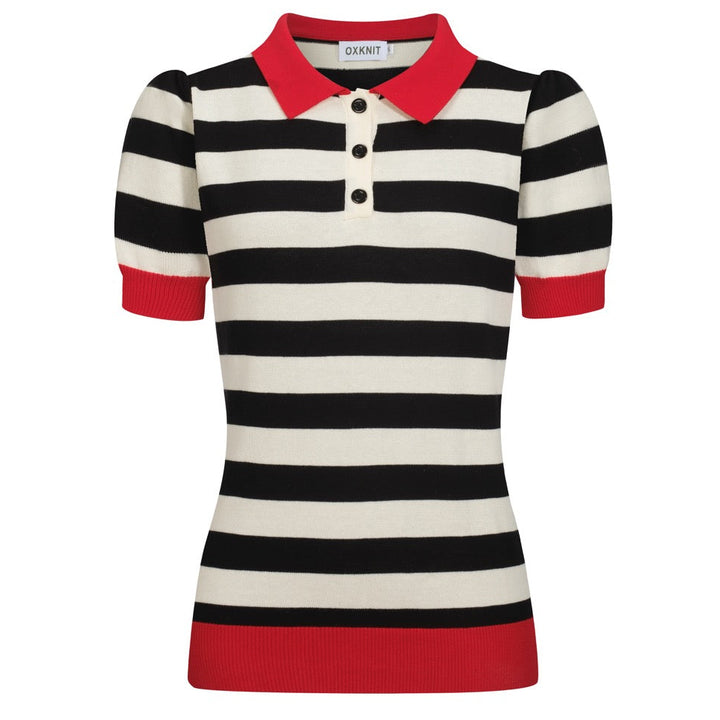 Women's red vintage striped bubble sleeve knitted polo
