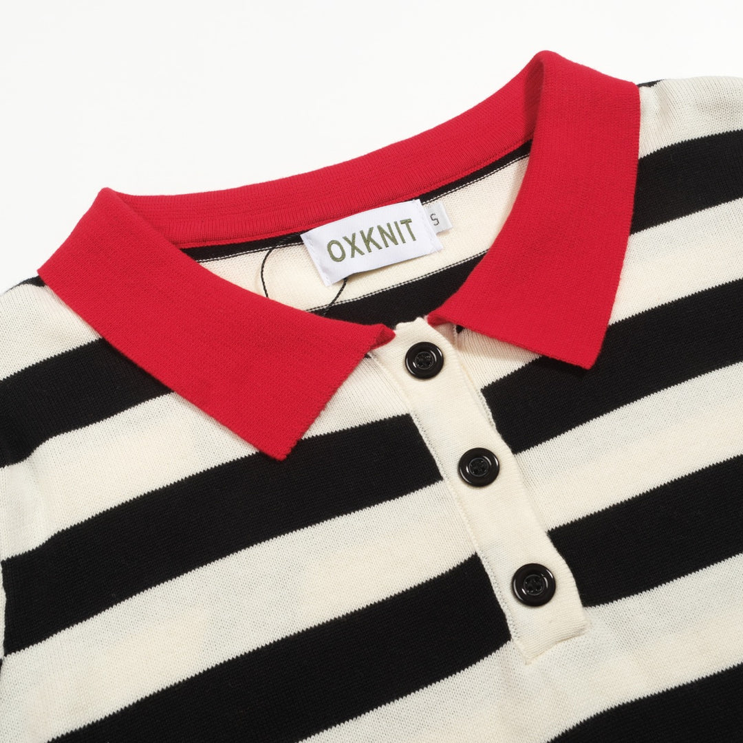Women's red vintage striped bubble sleeve knitted polo