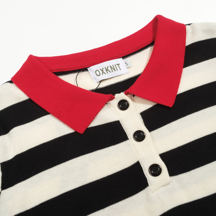 Women's red vintage striped bubble sleeve knitted polo
