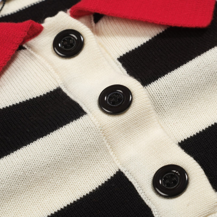 Women's red vintage striped bubble sleeve knitted polo