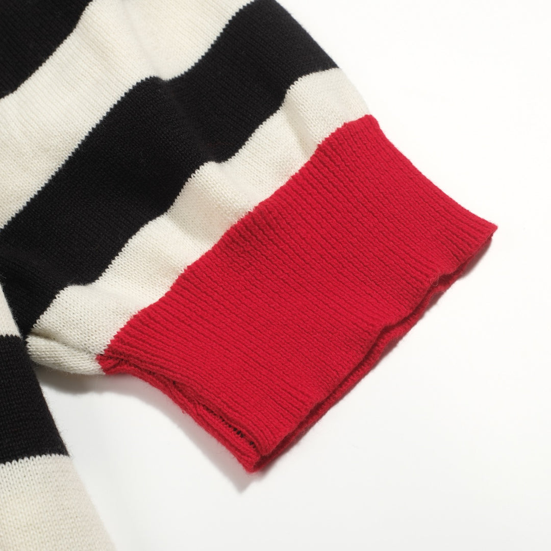 Women's red vintage striped bubble sleeve knitted polo