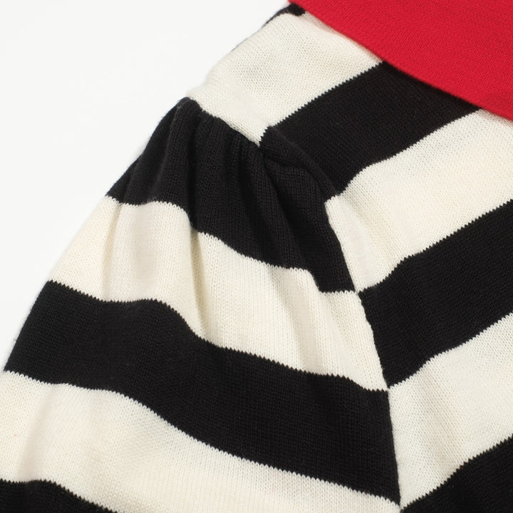 Women's red vintage striped bubble sleeve knitted polo