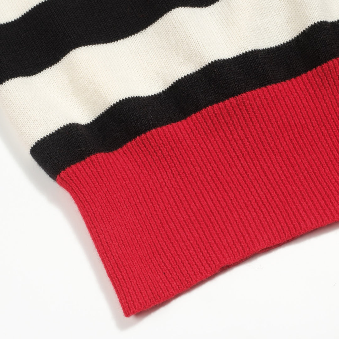 Women's red vintage striped bubble sleeve knitted polo
