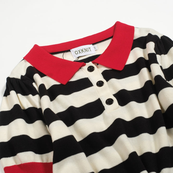 Women's red vintage striped bubble sleeve knitted polo