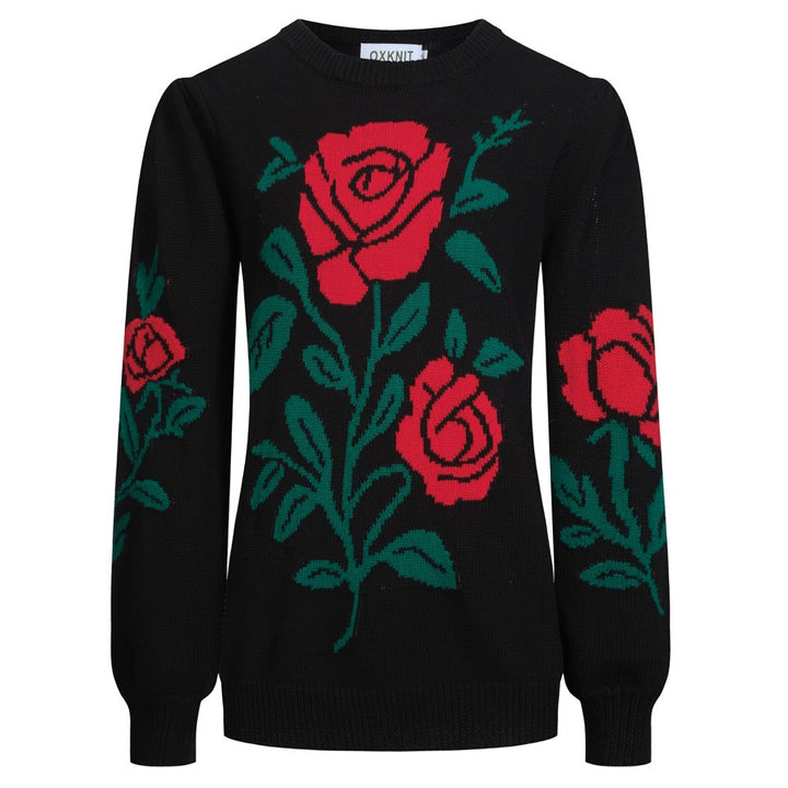Women's black rose vintage bubble sleeve knitwear