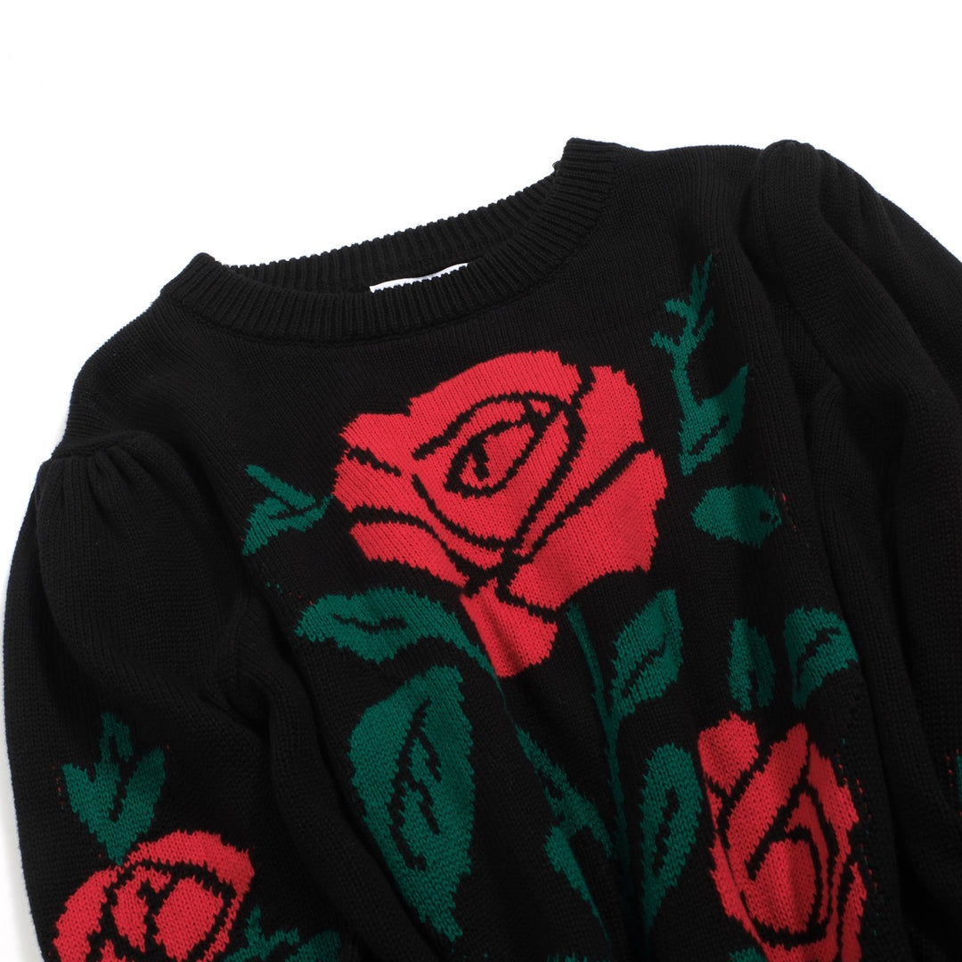 Women's black rose vintage bubble sleeve knitwear