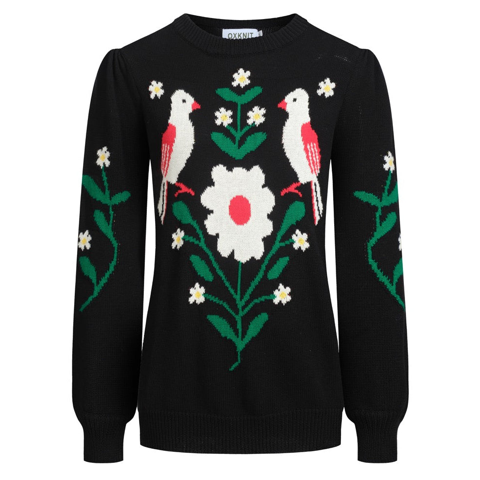 Women's black bird vintage bubble sleeve knitwear