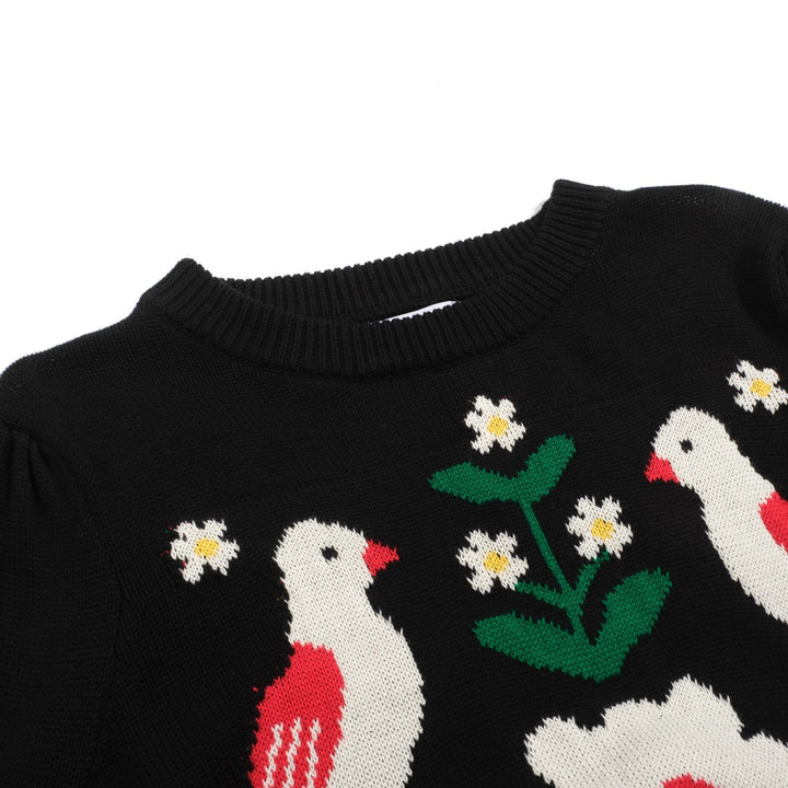Women's black bird vintage bubble sleeve knitwear