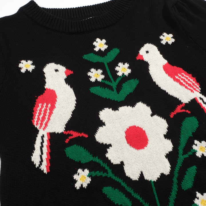 Women's black bird vintage bubble sleeve knitwear