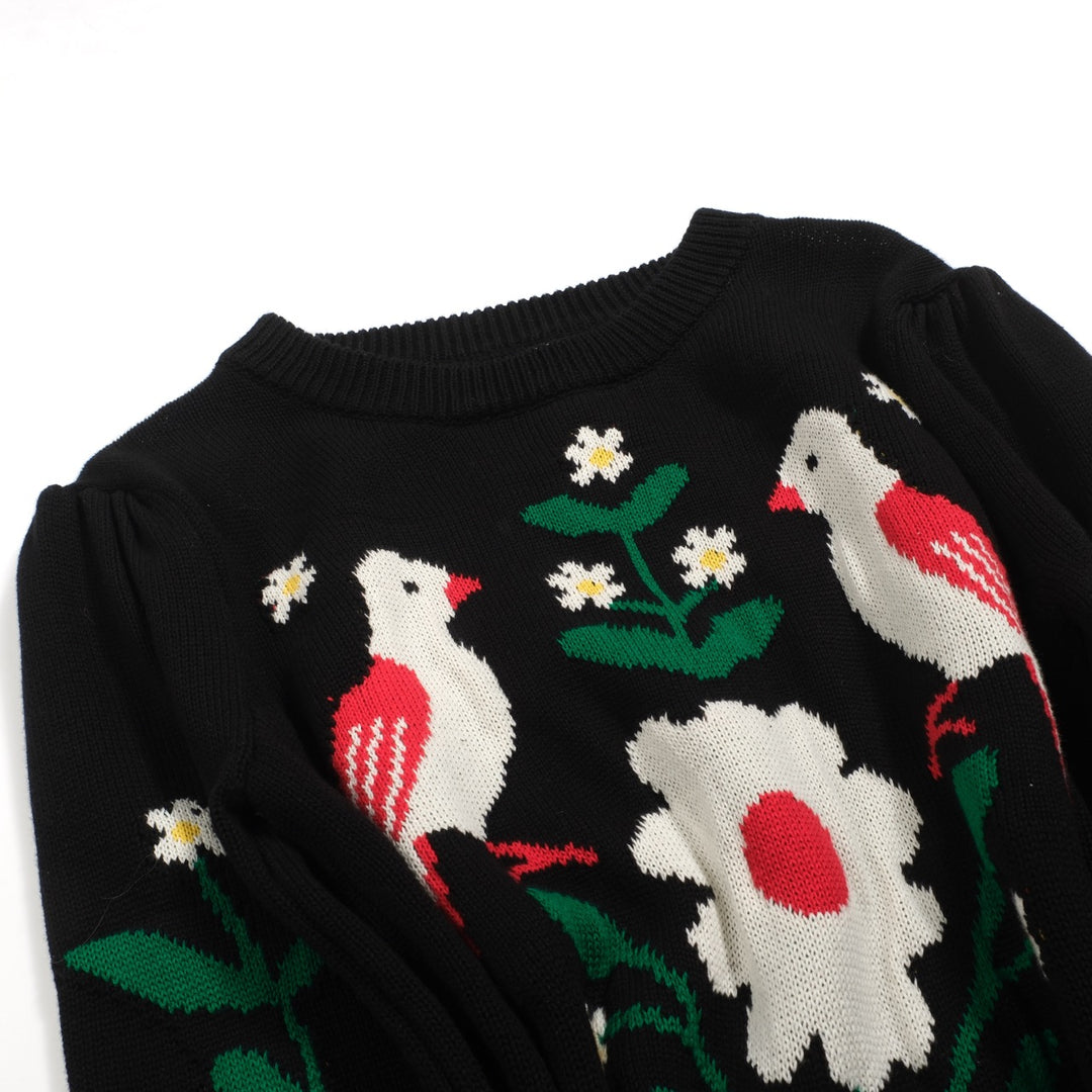 Women's black bird vintage bubble sleeve knitwear