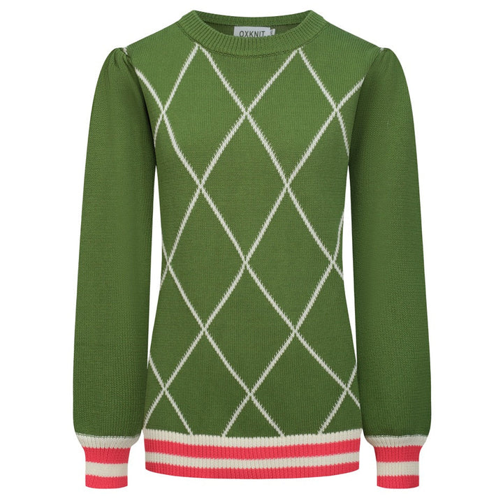 Malhas femininas de manga bolha com treliça de diamante verde