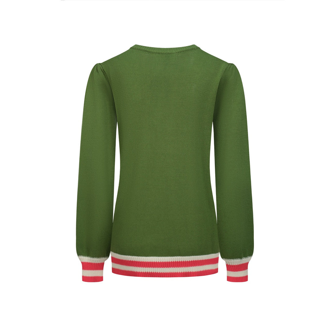 Malhas femininas de manga bolha com treliça de diamante verde