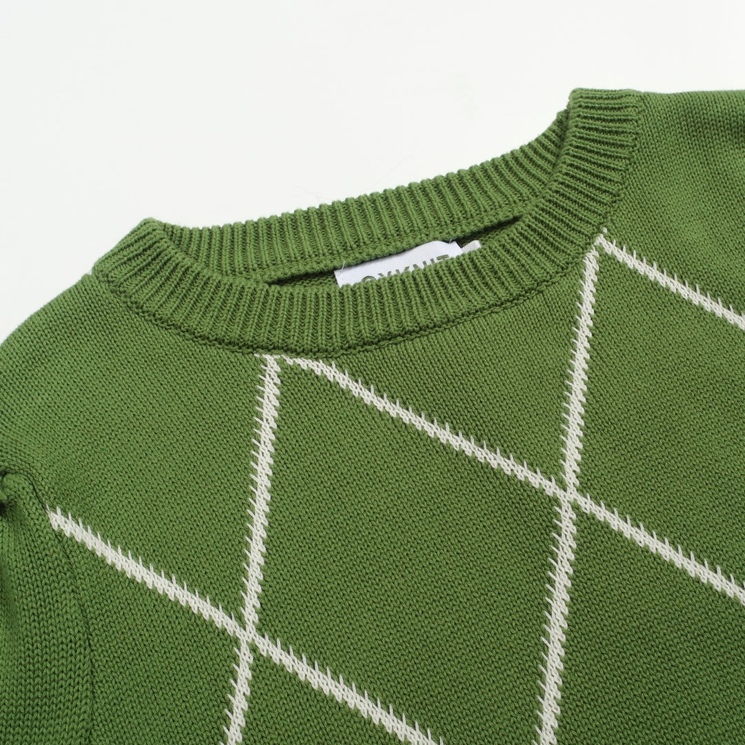 Malhas femininas de manga bolha com treliça de diamante verde