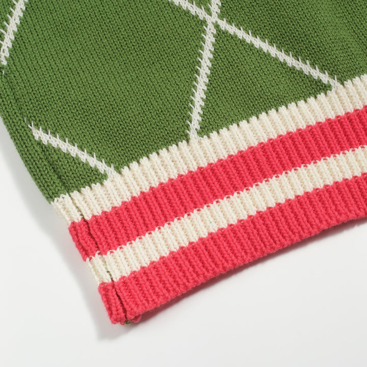 Malhas femininas de manga bolha com treliça de diamante verde