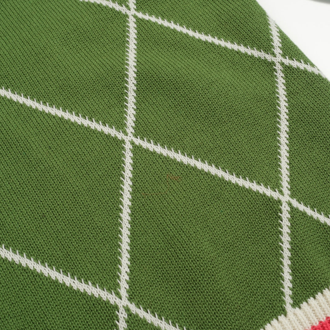 Malhas femininas de manga bolha com treliça de diamante verde