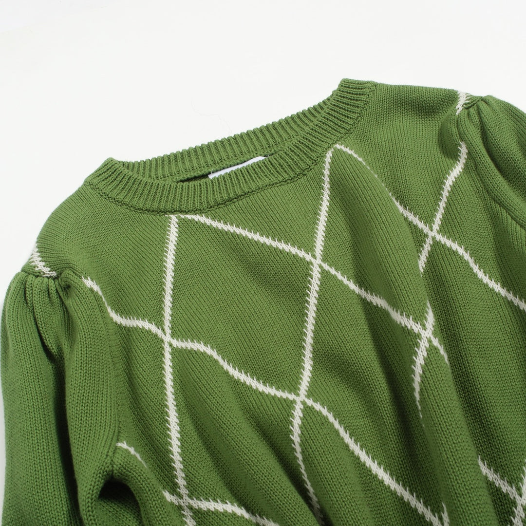 Malhas femininas de manga bolha com treliça de diamante verde