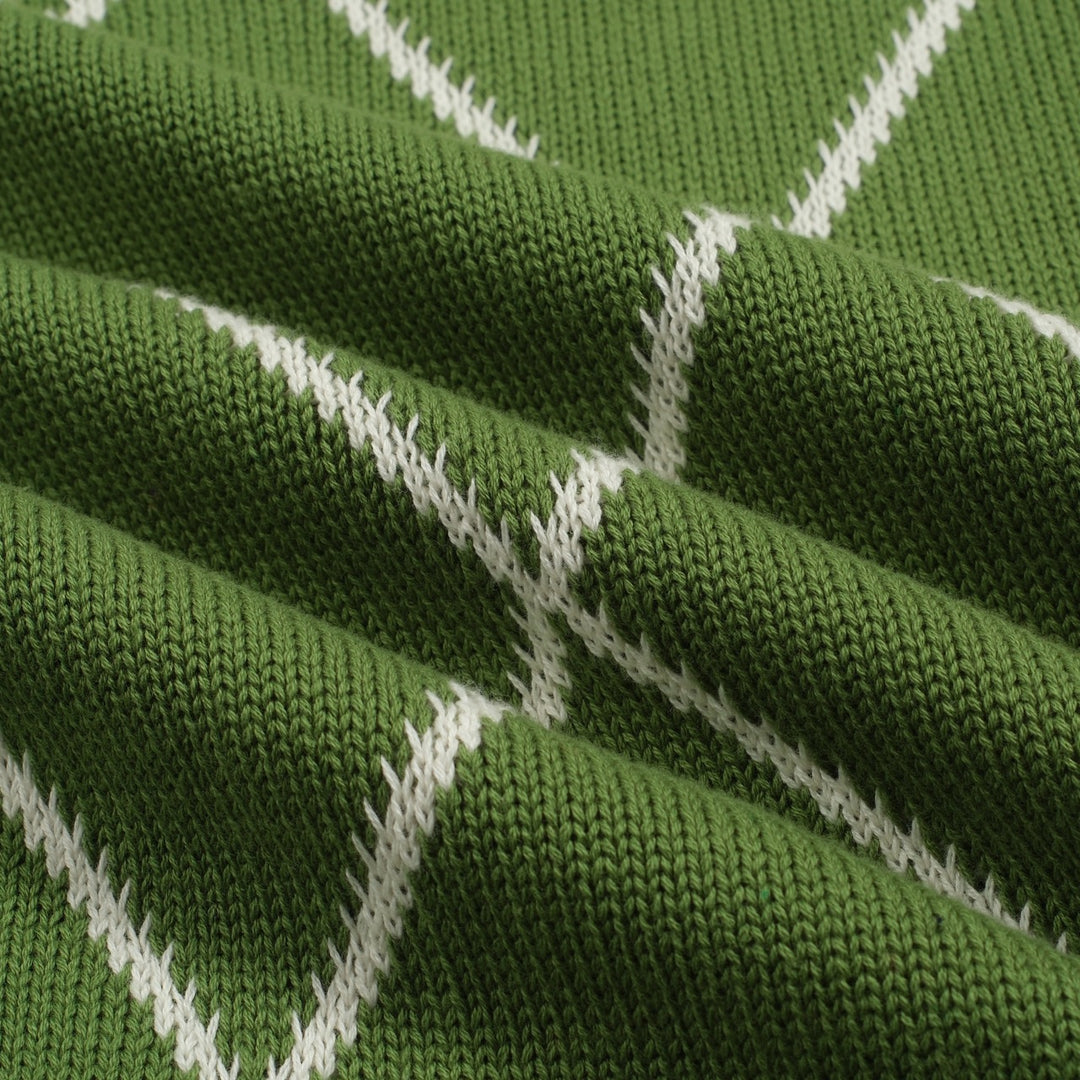 Malhas femininas de manga bolha com treliça de diamante verde