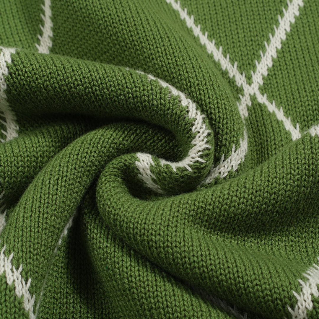 Malhas femininas de manga bolha com treliça de diamante verde