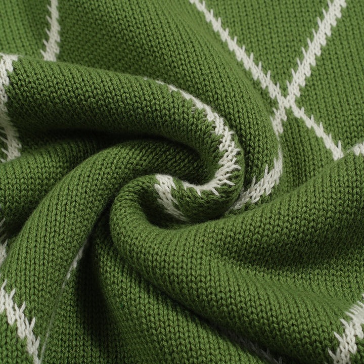 Malhas femininas de manga bolha com treliça de diamante verde