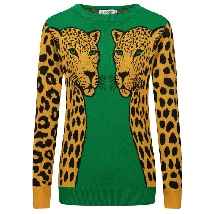 Women's green cheetah jacquard vintage knitwear