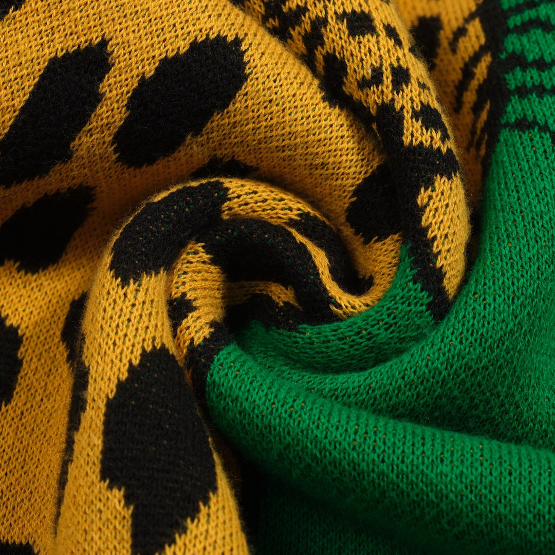 Women's green cheetah jacquard vintage knitwear