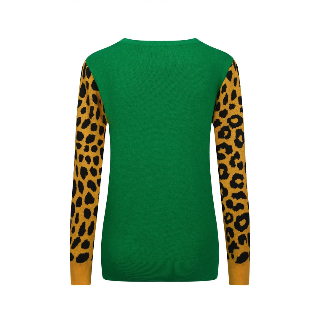 Women's green cheetah jacquard vintage knitwear