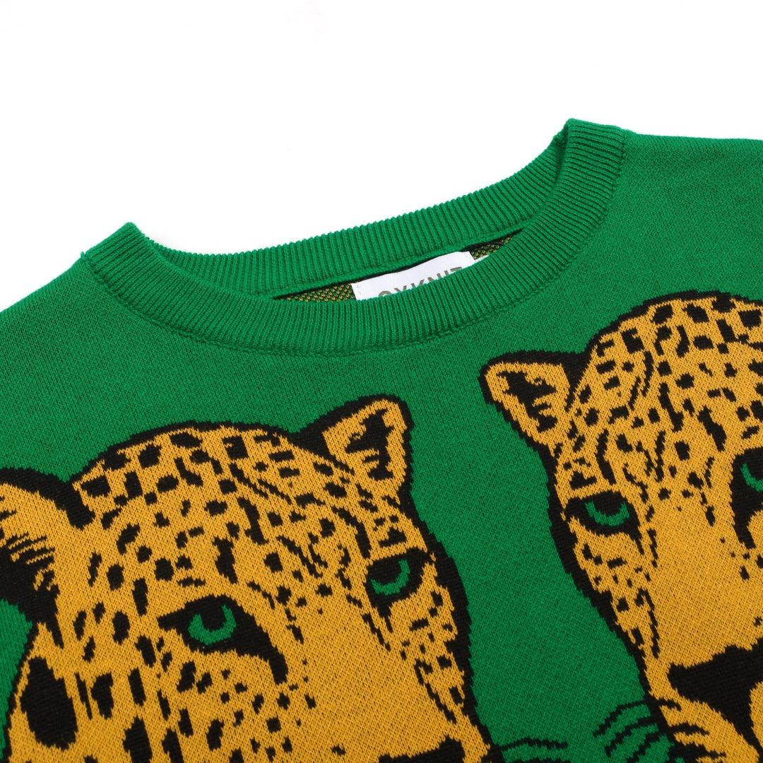 Women's green cheetah jacquard vintage knitwear