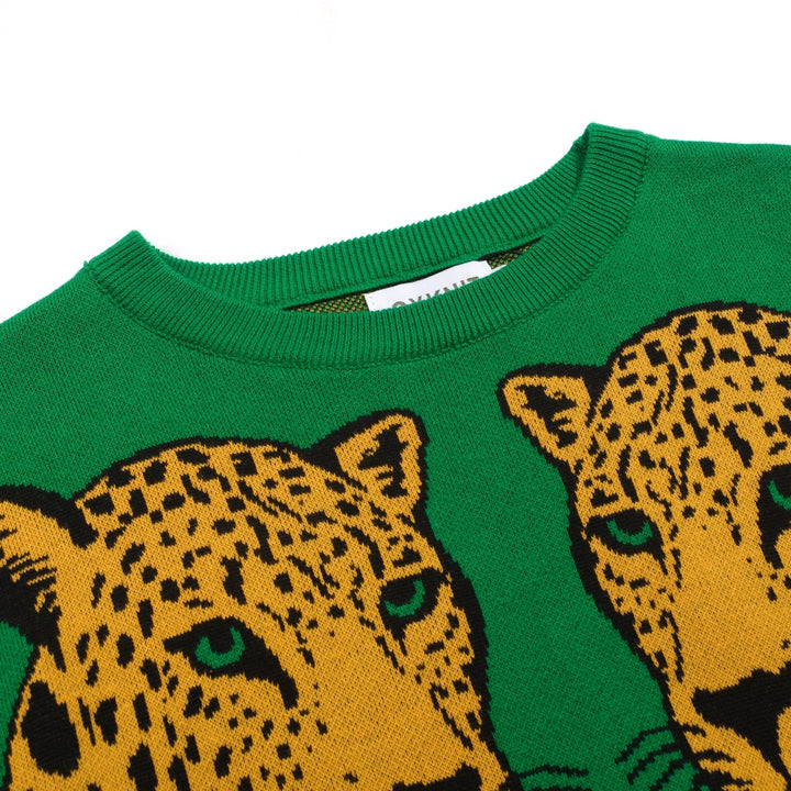 Women's green cheetah jacquard vintage knitwear
