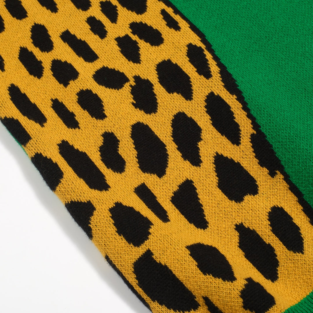 Women's green cheetah jacquard vintage knitwear