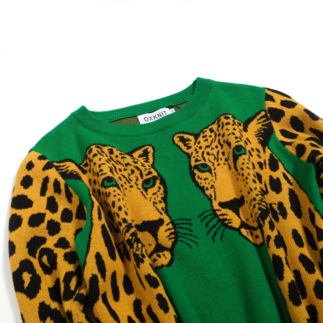 Women's green cheetah jacquard vintage knitwear