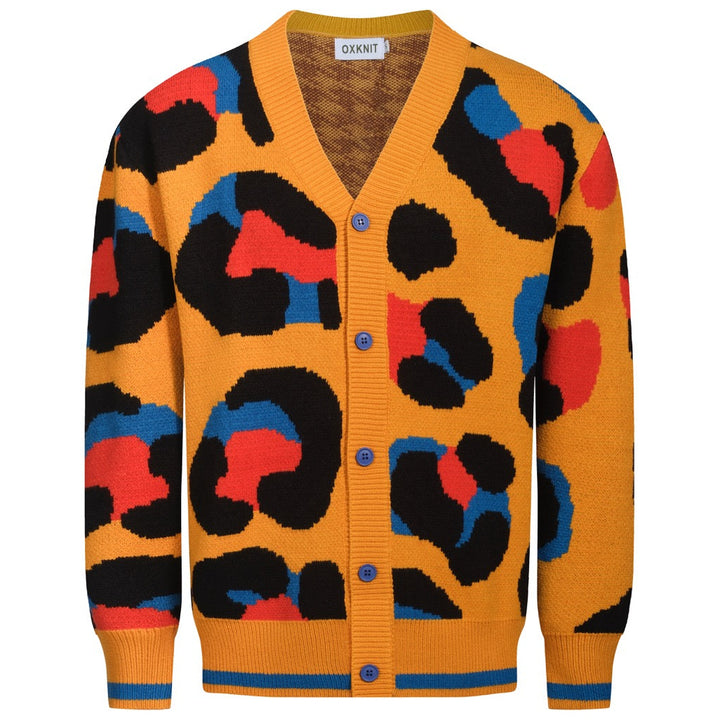 Men's yellow leopard print vintage jacquard sweater jacket