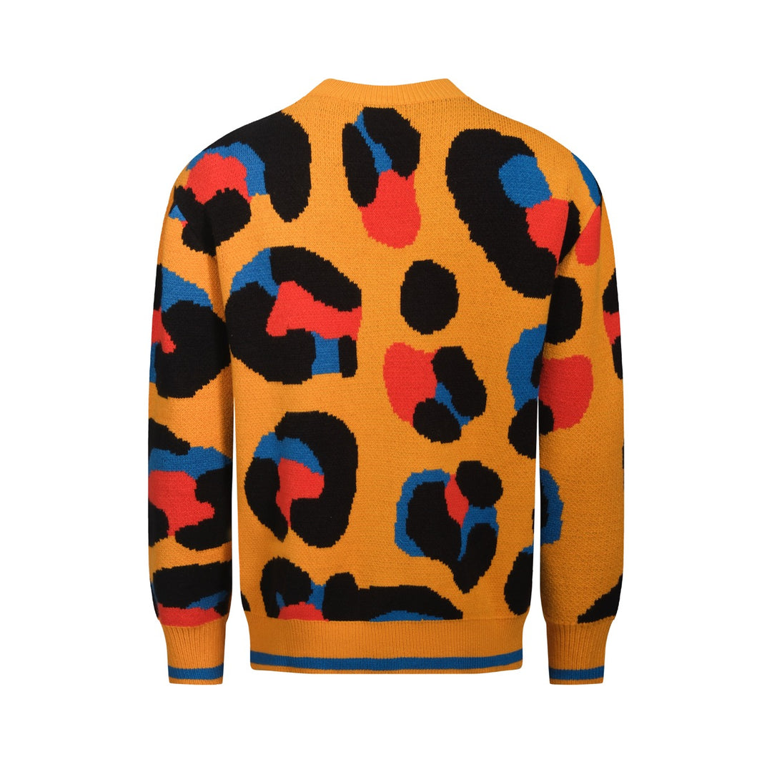 Men's yellow leopard print vintage jacquard sweater jacket