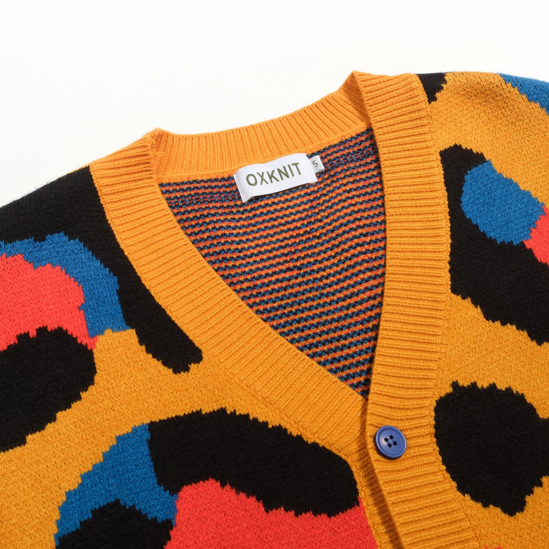 Men's yellow leopard print vintage jacquard sweater jacket