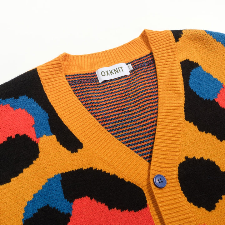 Men's yellow leopard print vintage jacquard sweater jacket