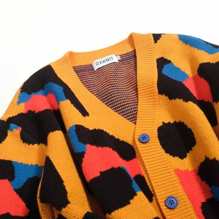 Men's yellow leopard print vintage jacquard sweater jacket
