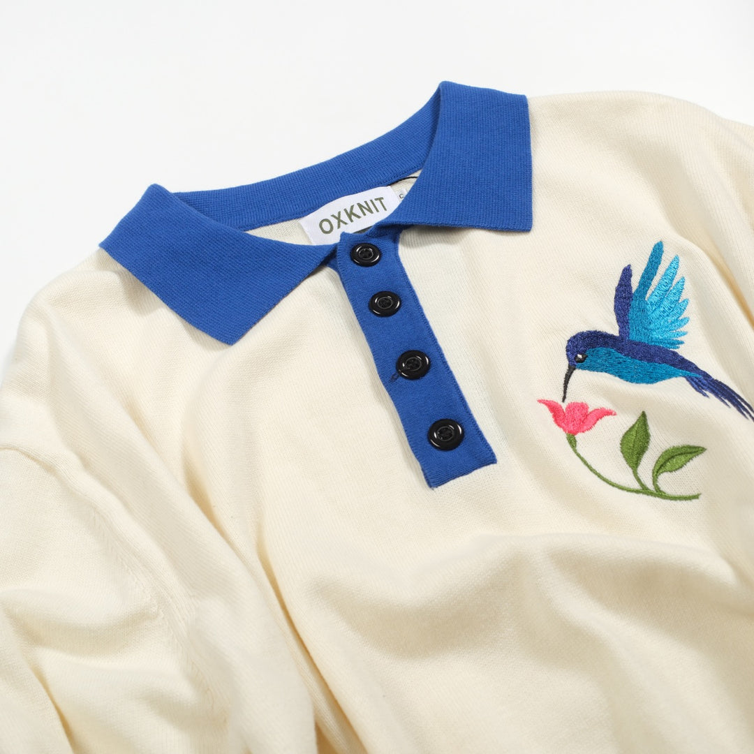 Polo de punto con bordado de colibrí blanco para hombre