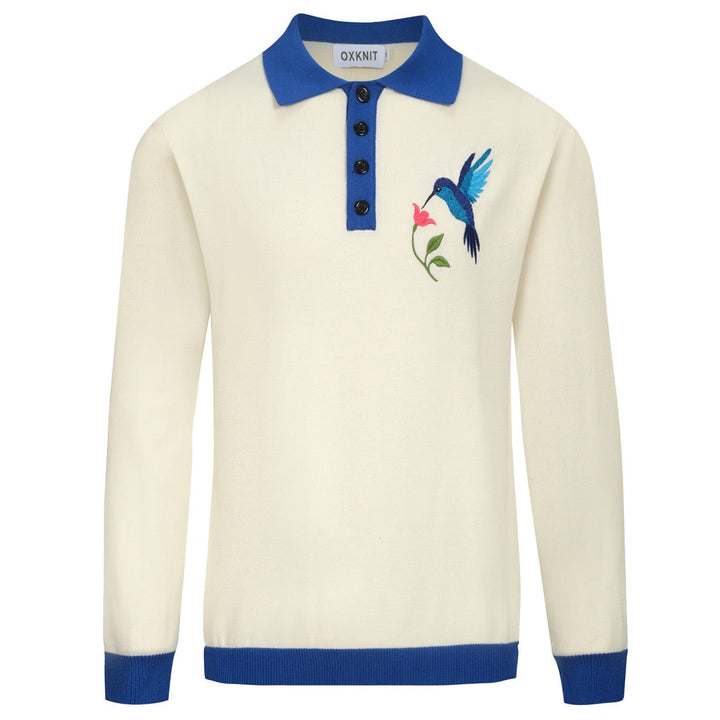 Polo de punto con bordado de colibrí blanco para hombre