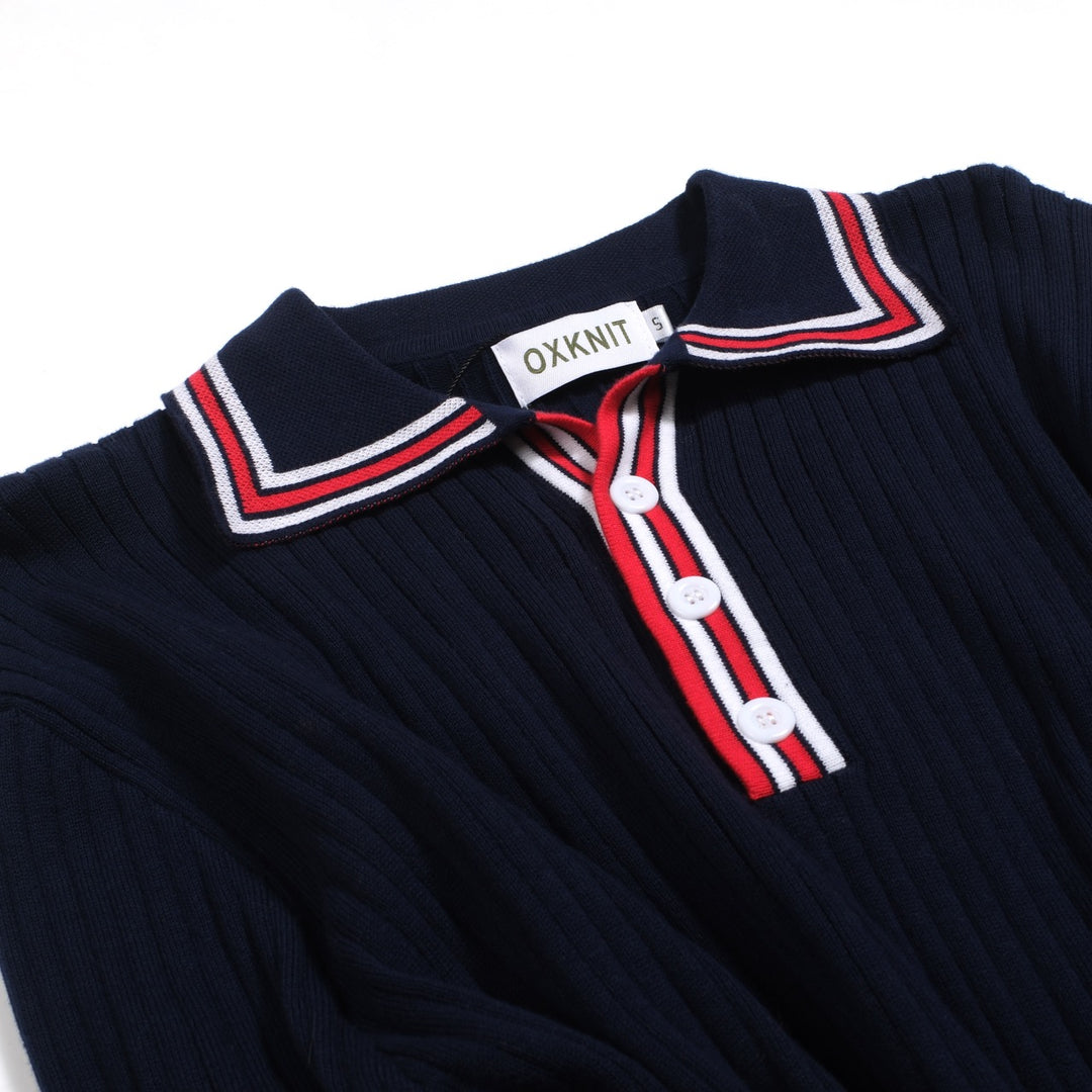 Polo da uomo in maglia bucata a righe vintage blu navy